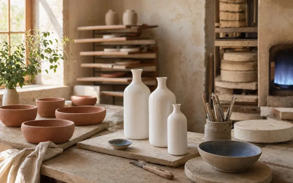 Warm ceramic studio with shelves, vessels, and a work table