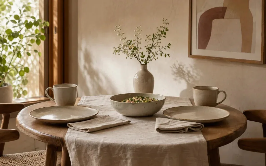 Quiet table set with ceramics beside a sunlit window