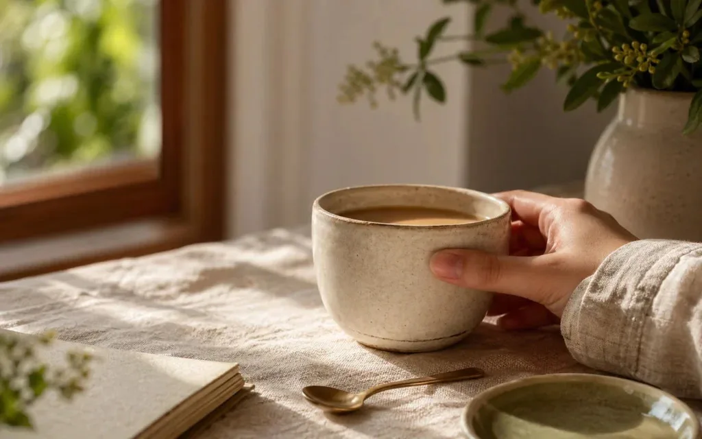 A hand holding a ceramic cup near a sunlit window