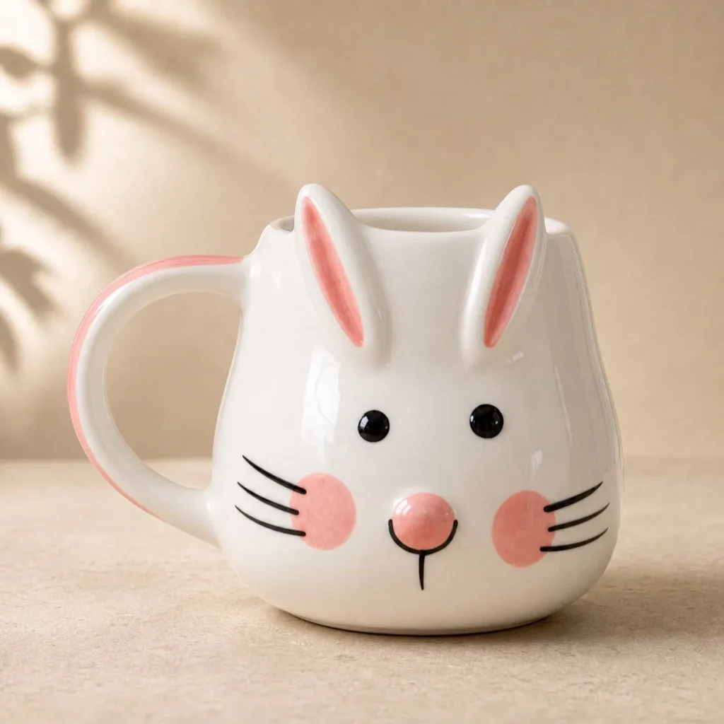 Handcrafted Bunny Face Mug (White with Pink Ears) – Cute Ceramic Coffee Cup product photo