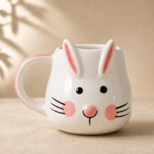 Handcrafted Bunny Face Mug (White with Pink Ears) – Cute Ceramic Coffee Cup product photo