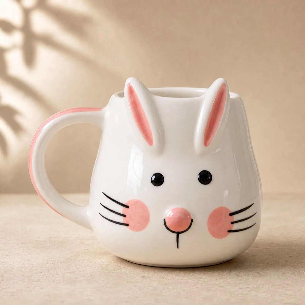 Handcrafted Bunny Face Mug (White with Pink Ears) – Cute Ceramic Coffee Cup product photo