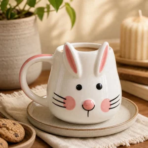 Handcrafted Bunny Face Mug (White with Pink Ears) – Cute Ceramic Coffee Cup detail photo 5