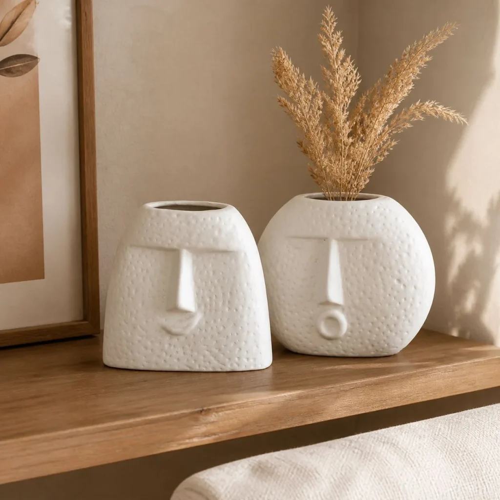 White Textured Face Vases (Set of 2) styled in a home setting
