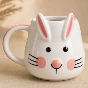 The Plush Republic Handcrafted Bunny Face Mug (White with Pink Ears)