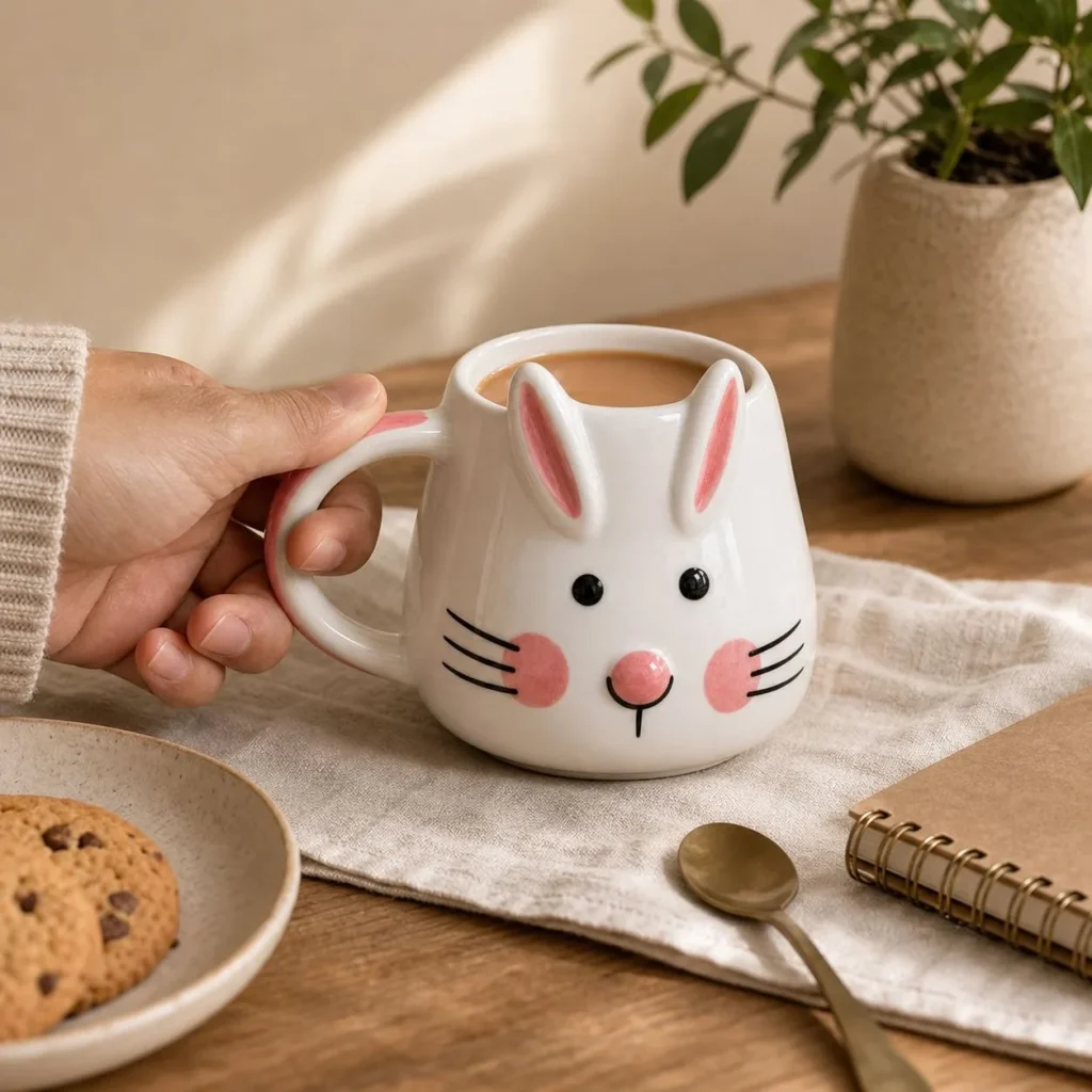 Handcrafted Bunny Face Mug (White with Pink Ears) additional product view
