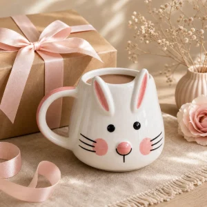 The Plush Republic Handcrafted Bunny Face Mug (White with Pink Ears)
