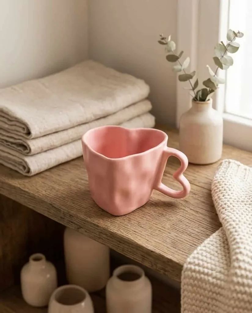 Handcrafted Pink Matte Heart Cup styled in a home setting