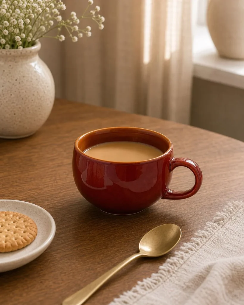Glossy Rust Red Ceramic Tea Cup styled in a home setting