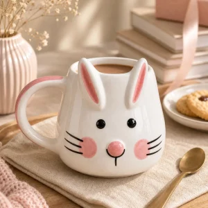 Handcrafted Bunny Face Mug (White with Pink Ears) – Cute Ceramic Coffee Cup detail photo 4