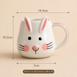 Handcrafted Bunny Face Mug (White with Pink Ears) - Dimensions