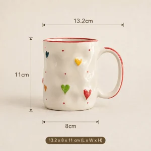 Handcrafted Multicolor Heart Cup with Red Rim - Dimensions