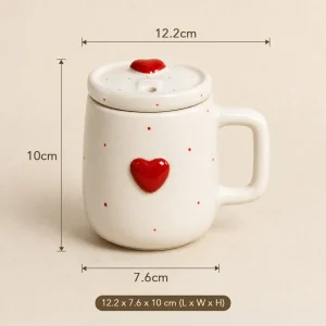 Handcrafted Red Heart Lidded Ceramic Mug - Dimensions