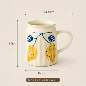 Lemon Vine Handpainted Ceramic Mug (Blue Leaves & Yellow Citrus) - Dimensions