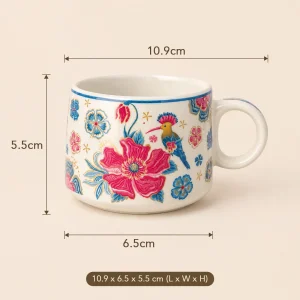 Pink & Green Floral Bird & Deer Print Ceramic Cup - Palm Blossom
