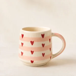 Pink Stripe & Red Heart Ceramic Mug Handcrafted Coffee Cup