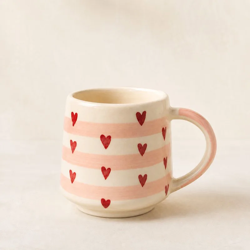 Pink Stripe & Red Heart Ceramic Mug Handcrafted Coffee Cup