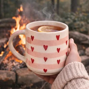 Pink Stripe & Red Heart Ceramic Mug Handcrafted Coffee Cup