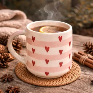 Pink Stripe & Red Heart Ceramic Mug Handcrafted Coffee Cup