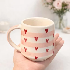 Pink Stripe & Red Heart Ceramic Mug Handcrafted Coffee Cup
