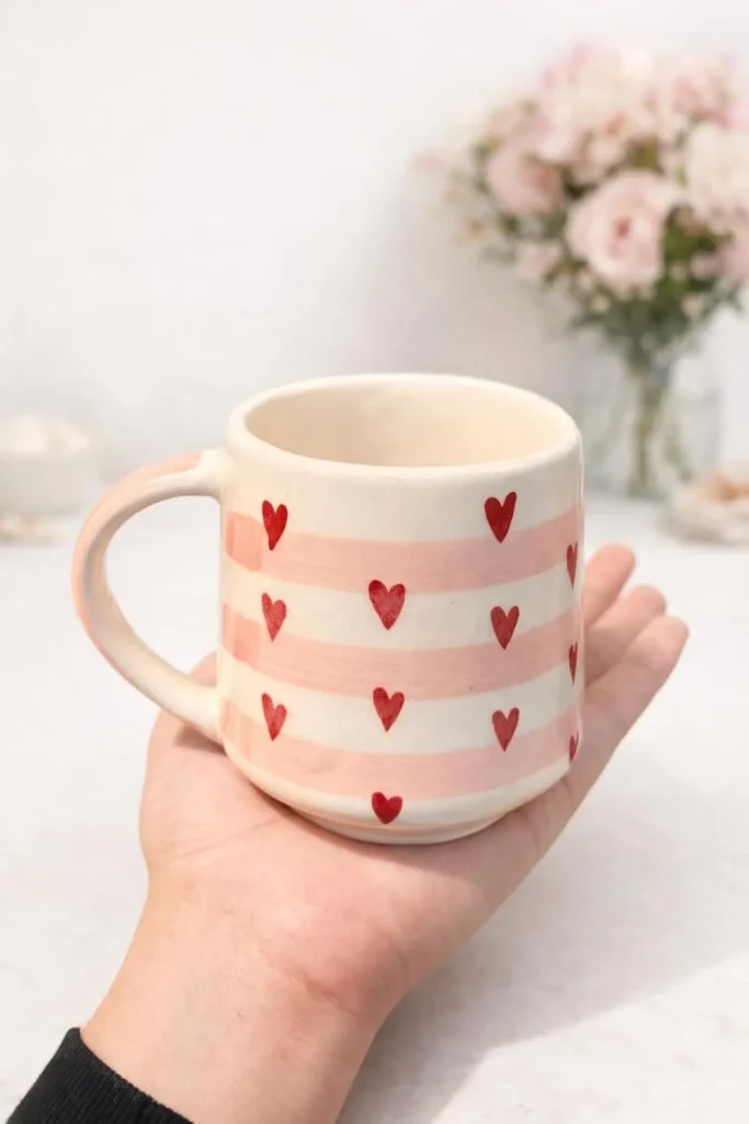 Pink Stripe & Red Heart Ceramic Mug styled in a home setting