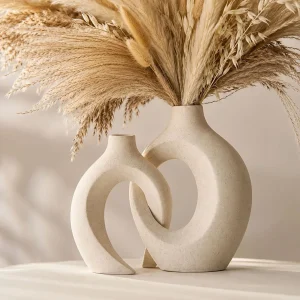 The Plush Republic Beige Ceramic Loop Vase Set of 2