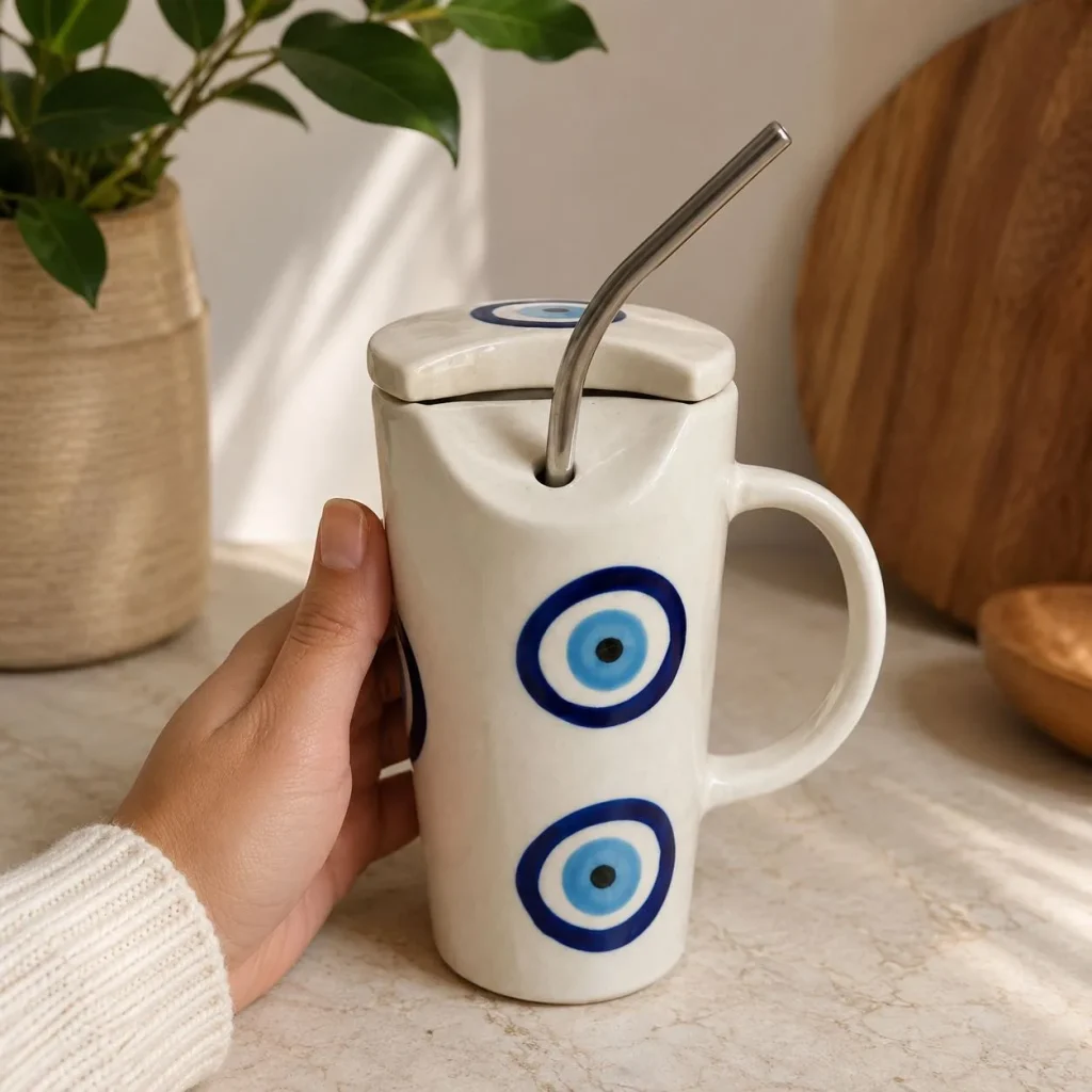 Blue Evil Eye Tall Mug styled in a home setting
