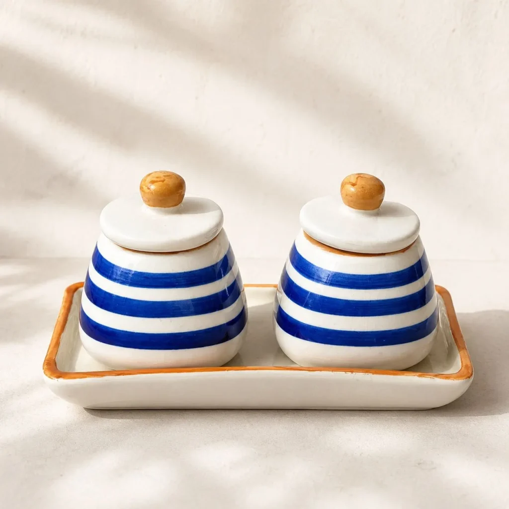 The Plush Republic Blue Stripe Condiment Jar Pair with Tray