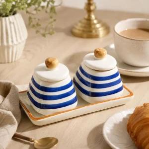 The Plush Republic Blue Stripe Condiment Jar Pair with Tray
