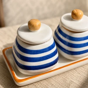The Plush Republic Blue Stripe Condiment Jar Pair with Tray