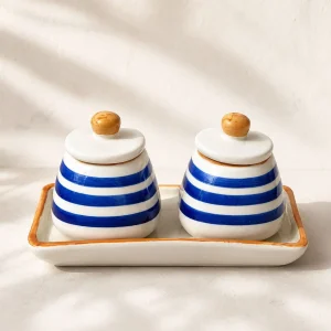 The Plush Republic Blue Stripe Condiment Jar Pair with Tray