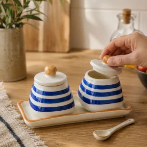 The Plush Republic Blue Stripe Condiment Jar Pair with Tray