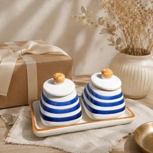 The Plush Republic Blue Stripe Condiment Jar Pair with Tray