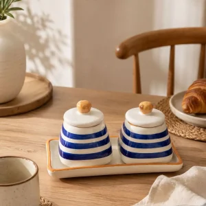 The Plush Republic Blue Stripe Condiment Jar Pair with Tray
