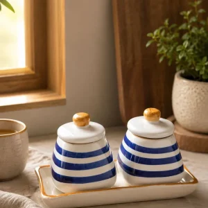 The Plush Republic Blue Stripe Condiment Jar Pair with Tray