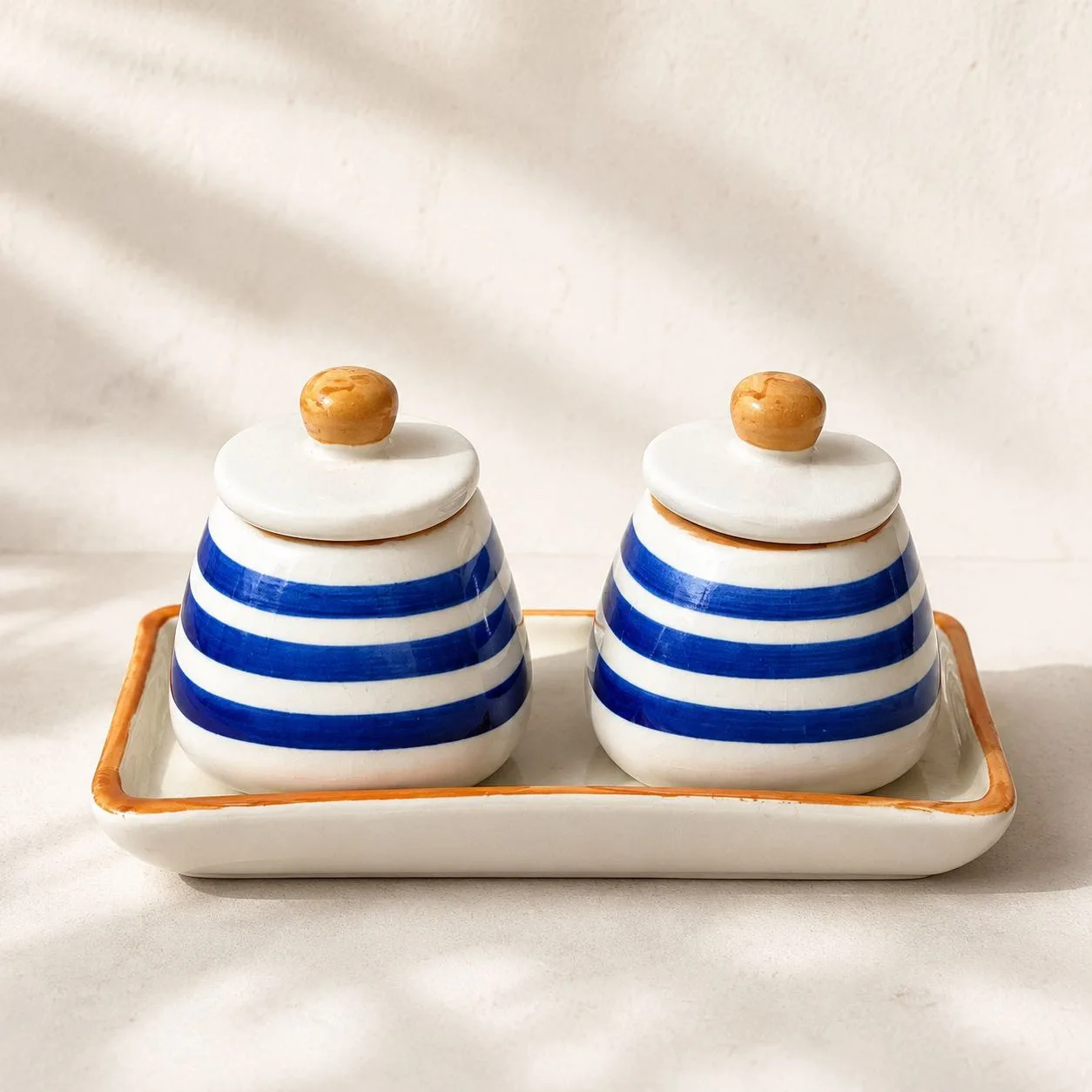 The Plush Republic Blue Stripe Condiment Jar Pair with Tray