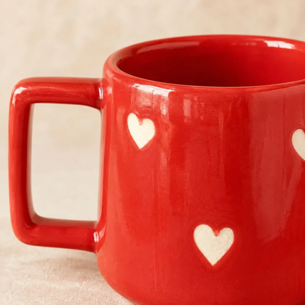 Crimson Heart Handcrafted Ceramic Mug (Red) styled in a home setting