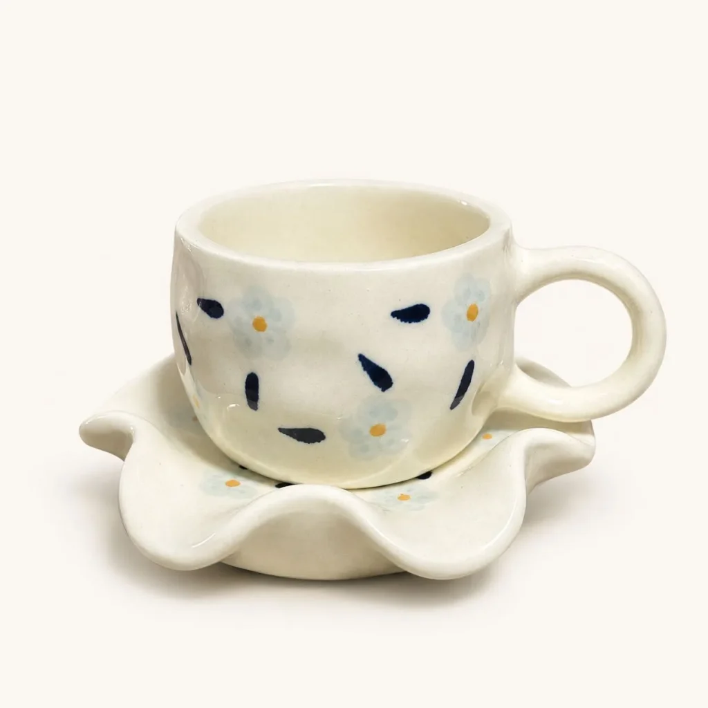 The Plush Republic Hand-Painted Blue Flower Cup & Saucer Set | Navy Dash Rim