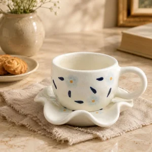 The Plush Republic Hand-Painted Blue Flower Cup & Saucer Set | Navy Dash Rim