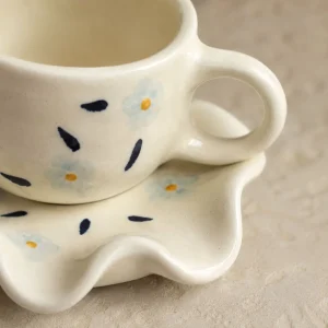 The Plush Republic Hand-Painted Blue Flower Cup & Saucer Set | Navy Dash Rim