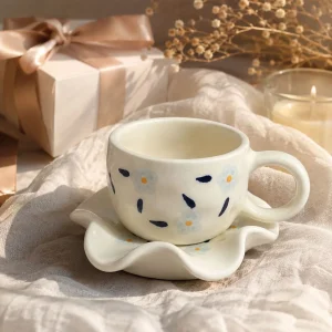 The Plush Republic Hand-Painted Blue Flower Cup & Saucer Set | Navy Dash Rim
