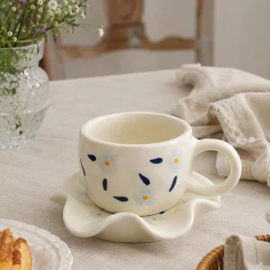 The Plush Republic Hand-Painted Blue Flower Cup & Saucer Set | Navy Dash Rim