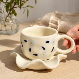 The Plush Republic Hand-Painted Blue Flower Cup & Saucer Set | Navy Dash Rim