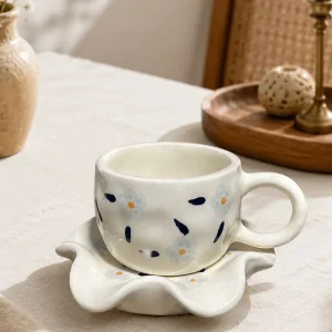 The Plush Republic Hand-Painted Blue Flower Cup & Saucer Set | Navy Dash Rim