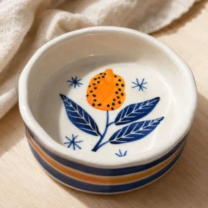 Hand-Painted Orange Flower Ceramic Bowl – Blue Leaves & Stripe Rim