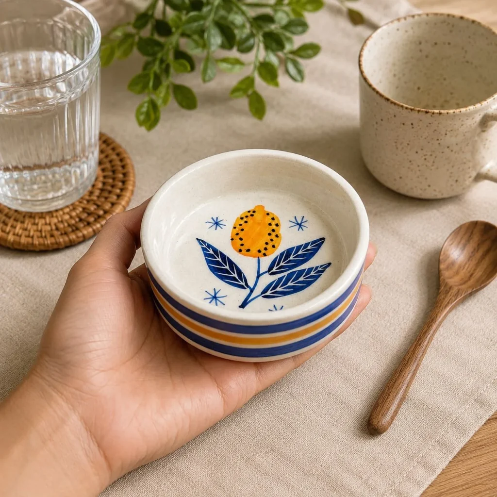 Hand-Painted Orange Flower Ceramic Bowl styled in a home setting