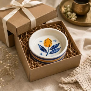 The Plush Republic Hand-Painted Orange Flower Ceramic Bowl – Blue Leaves & Stripe Rim