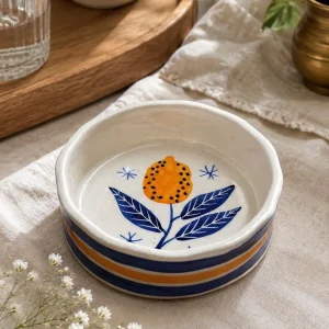 The Plush Republic Hand-Painted Orange Flower Ceramic Bowl – Blue Leaves & Stripe Rim