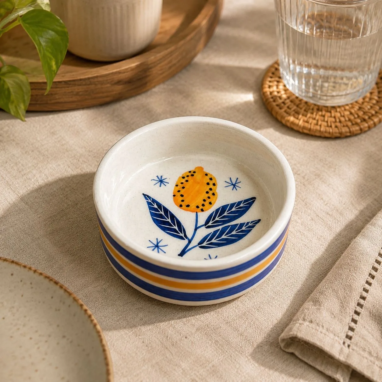 The Plush Republic Hand-Painted Orange Flower Ceramic Bowl – Blue Leaves & Stripe Rim