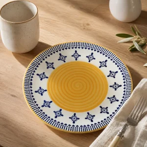 The Plush Republic Hand-Painted Yellow Spiral Ceramic Dinner Plate with Blue Floral Border